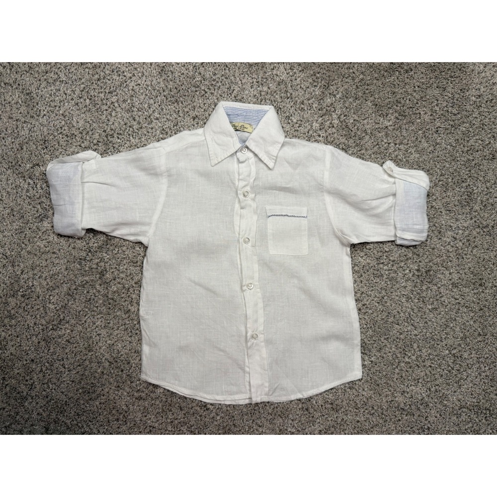 Puro Lino Button Down Shirt Linen Size 2 White Classic Made in Italy Roll-Tab